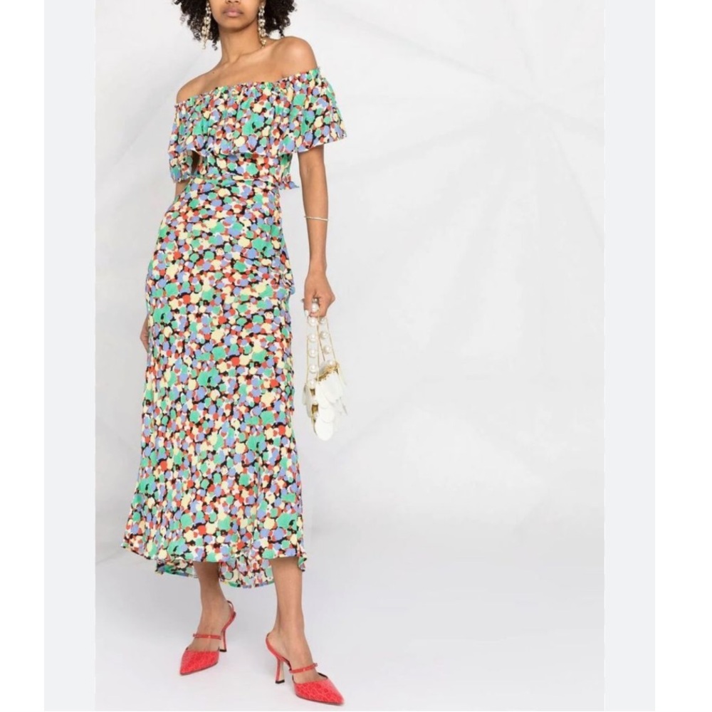 Rixo | NWT Tabitha Off Shoulder 80s Micro Shell Dress Open Tie Back Ruffle